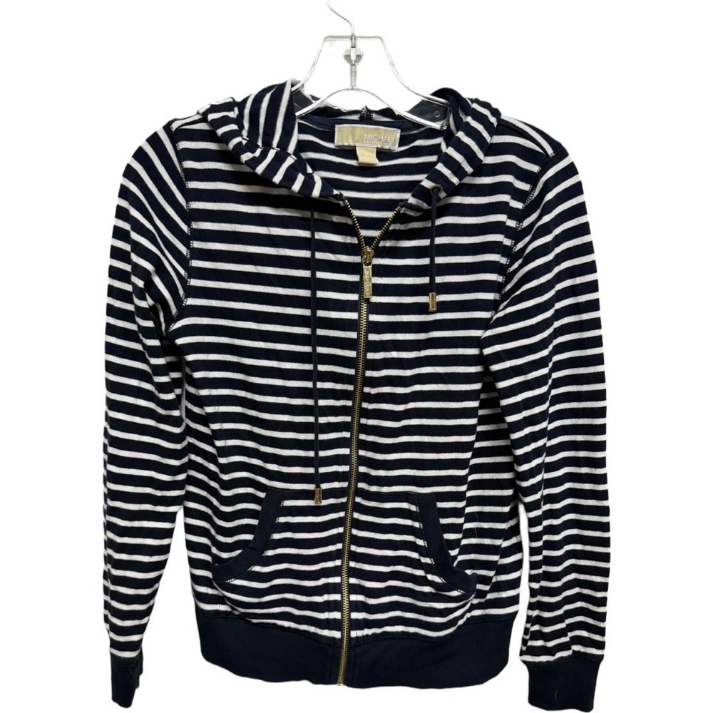 Michael Kors Navy White Striped Zip Hoodie Small Nautical Cotton Preppy